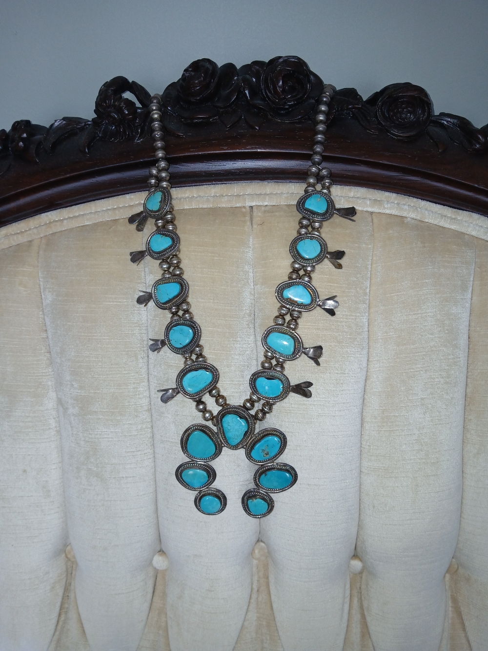 Antique Silver Turquoise Statement Squash Blossom Necklace - Women Jewelry